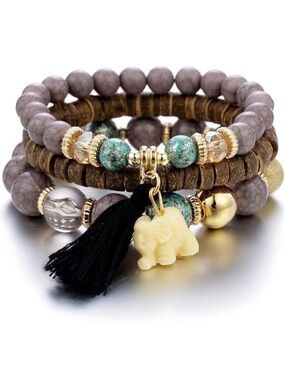 Black Tassel Boho Gray Beaded Stack Bracelet Set with Elephant Charm